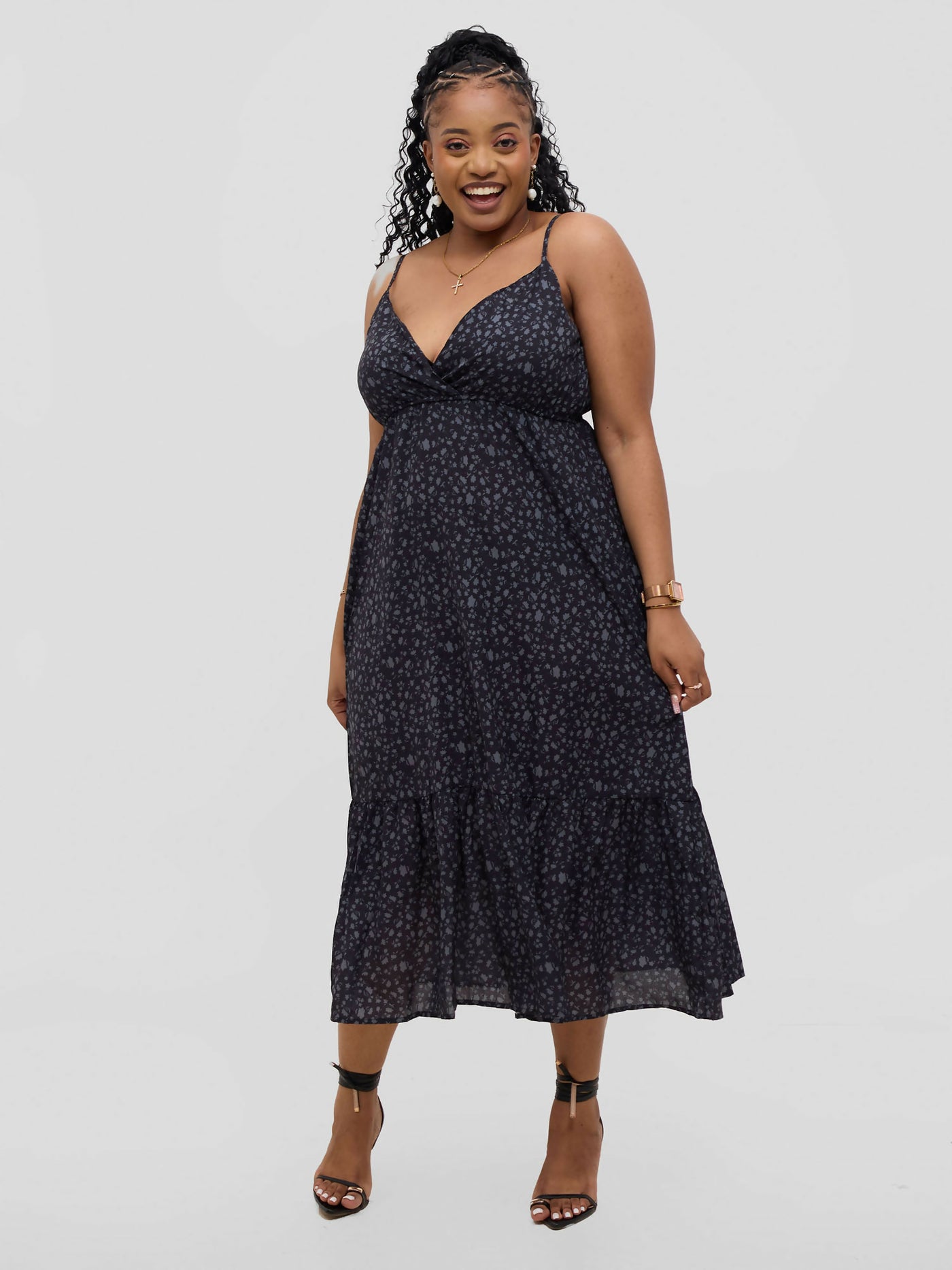 Hessed V - neck Midi Sleeveless Dress - Black - Shopzetu