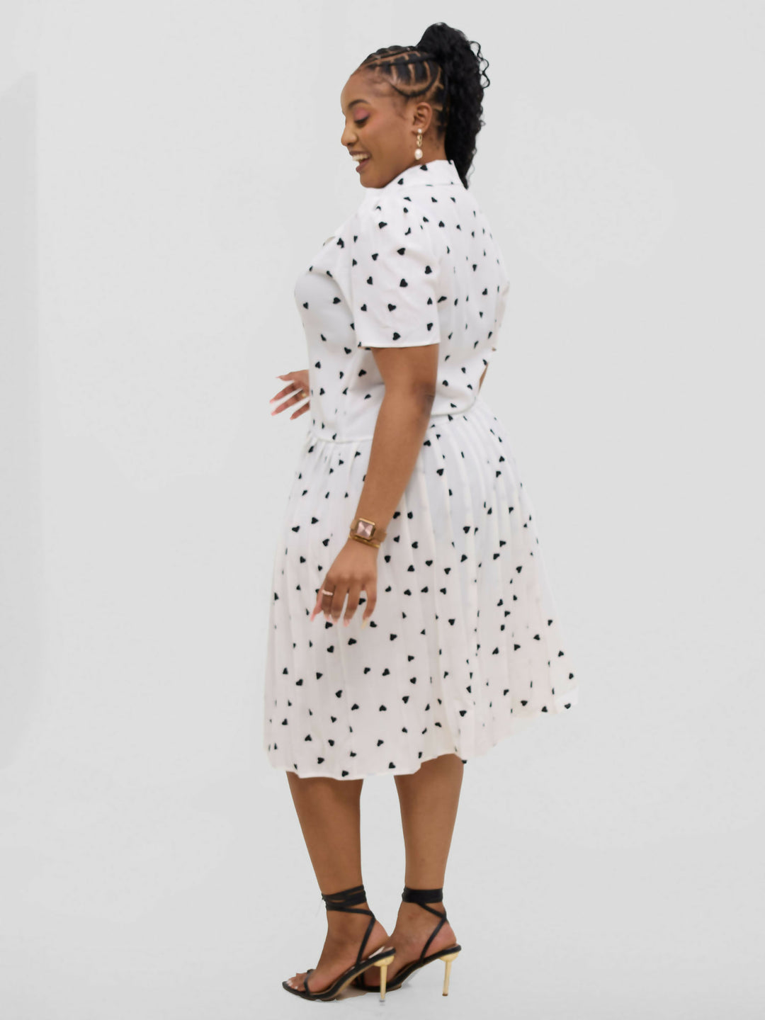 Hessed Short Sleeved Pleated Buttoned Wrap Dress - White / Black - Shopzetu