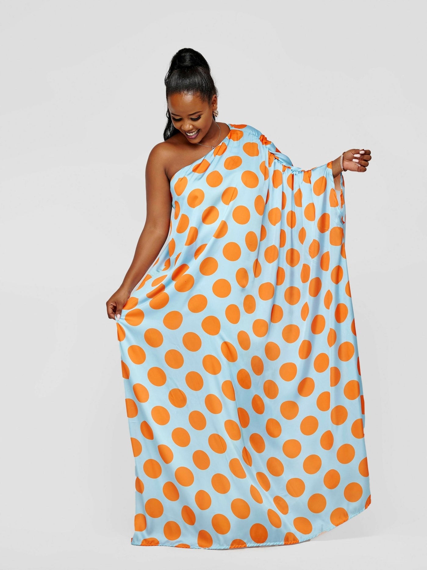 Tuli Nzilani One Shoulder Blue With Mustard Polka Dot Kaftan - Blue / Mustard - Shopzetu