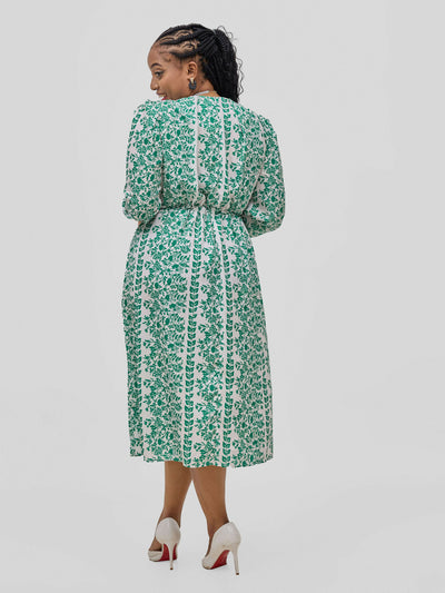 Hessed Long Sleeved Floral Print Round Neck Dress - Green