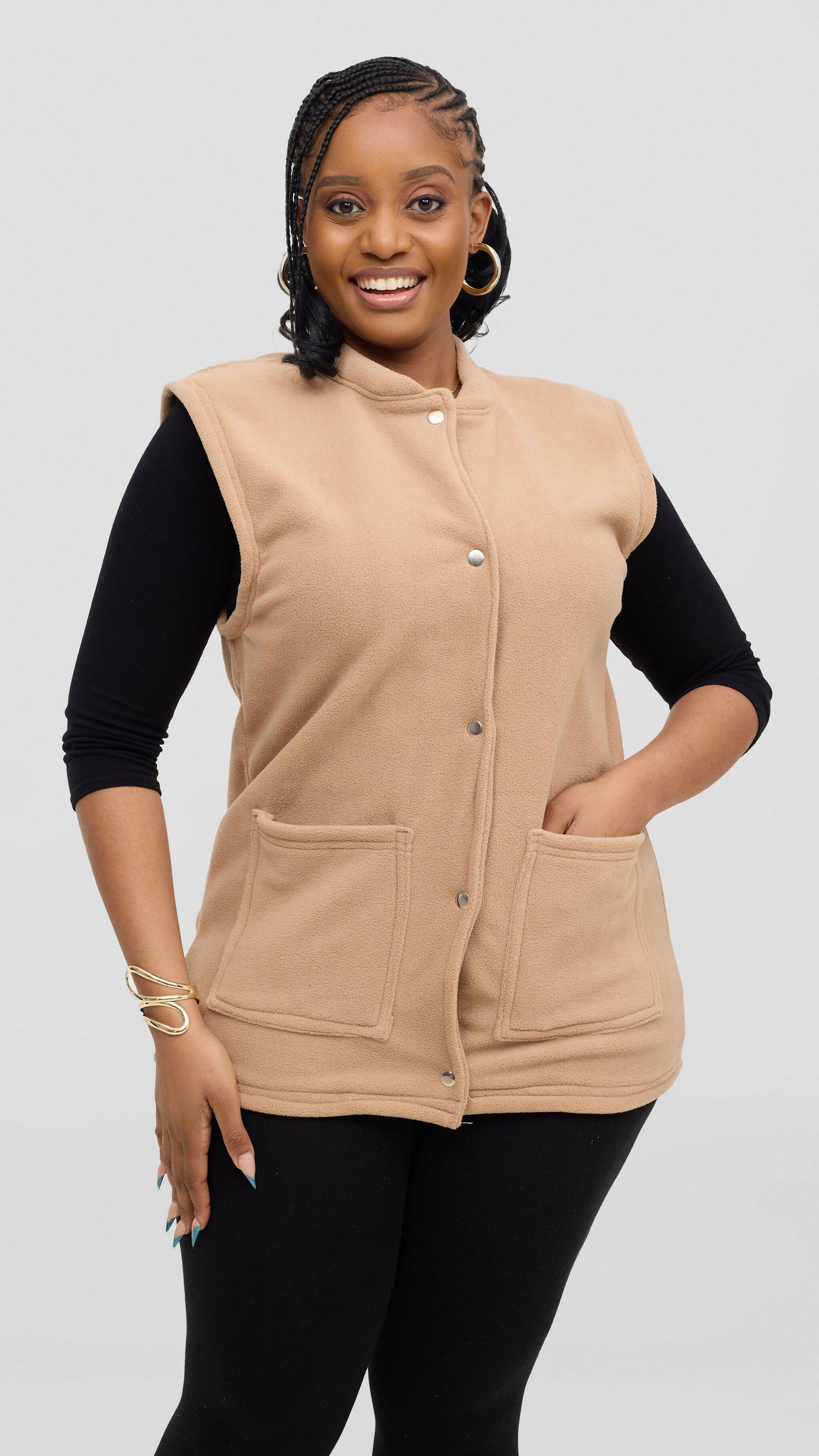 Timyt Urban Wear Curvy Plus Size Fleece With Frontal Pockets & Press Button Sweater - Beige