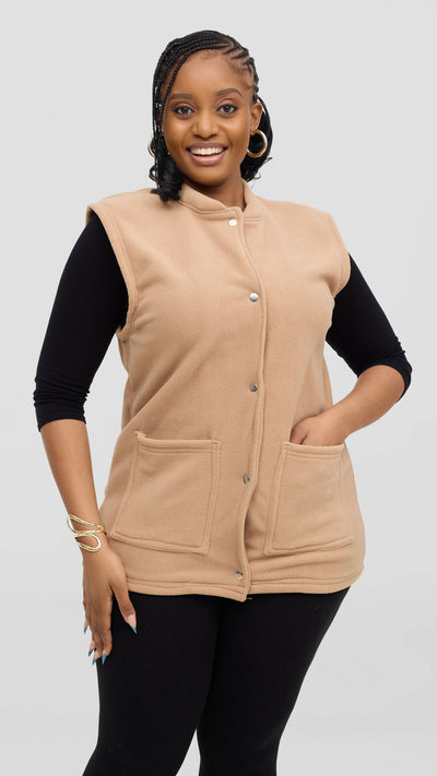 Timyt Urban Wear Curvy Plus Size Fleece With Frontal Pockets & Press Button Sweater - Beige