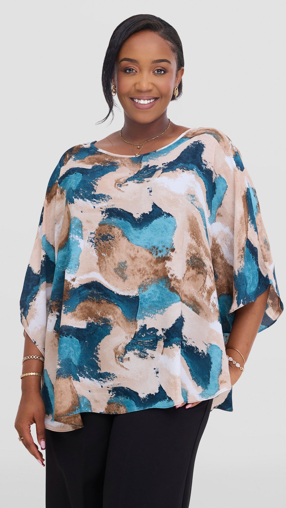 Vivo Sakari Circular Loose Top in Chiffon - Tan / Navy Textured Print