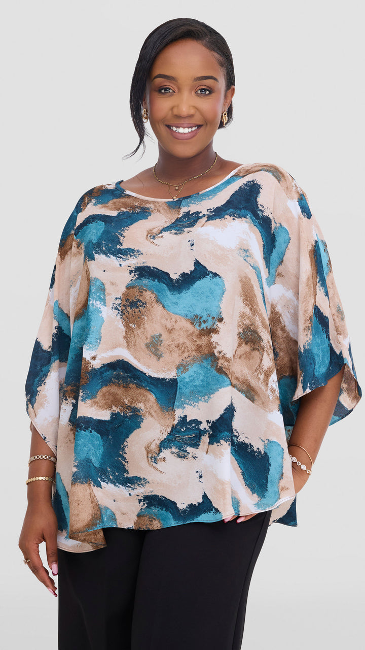 Vivo Sakari Circular Loose Top in Chiffon - Tan / Navy Textured Print