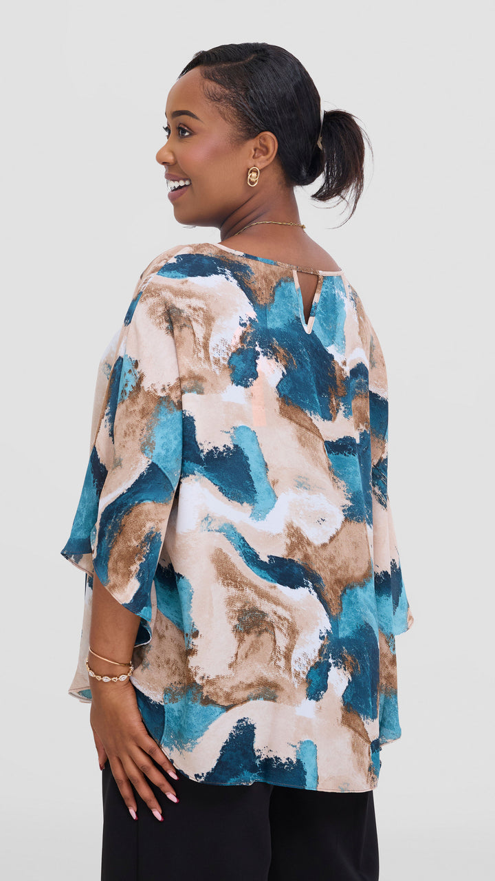 Vivo Sakari Circular Loose Top in Chiffon - Tan / Navy Textured Print