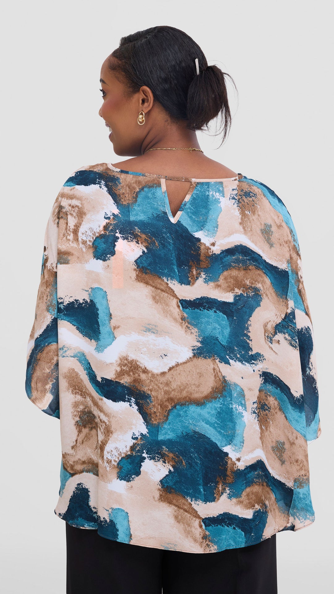 Vivo Sakari Circular Loose Top in Chiffon - Tan / Navy Textured Print