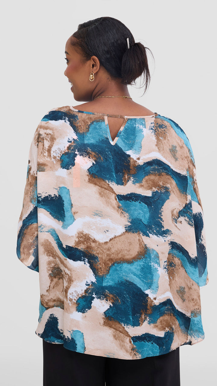 Vivo Sakari Circular Loose Top in Chiffon - Tan / Navy Textured Print