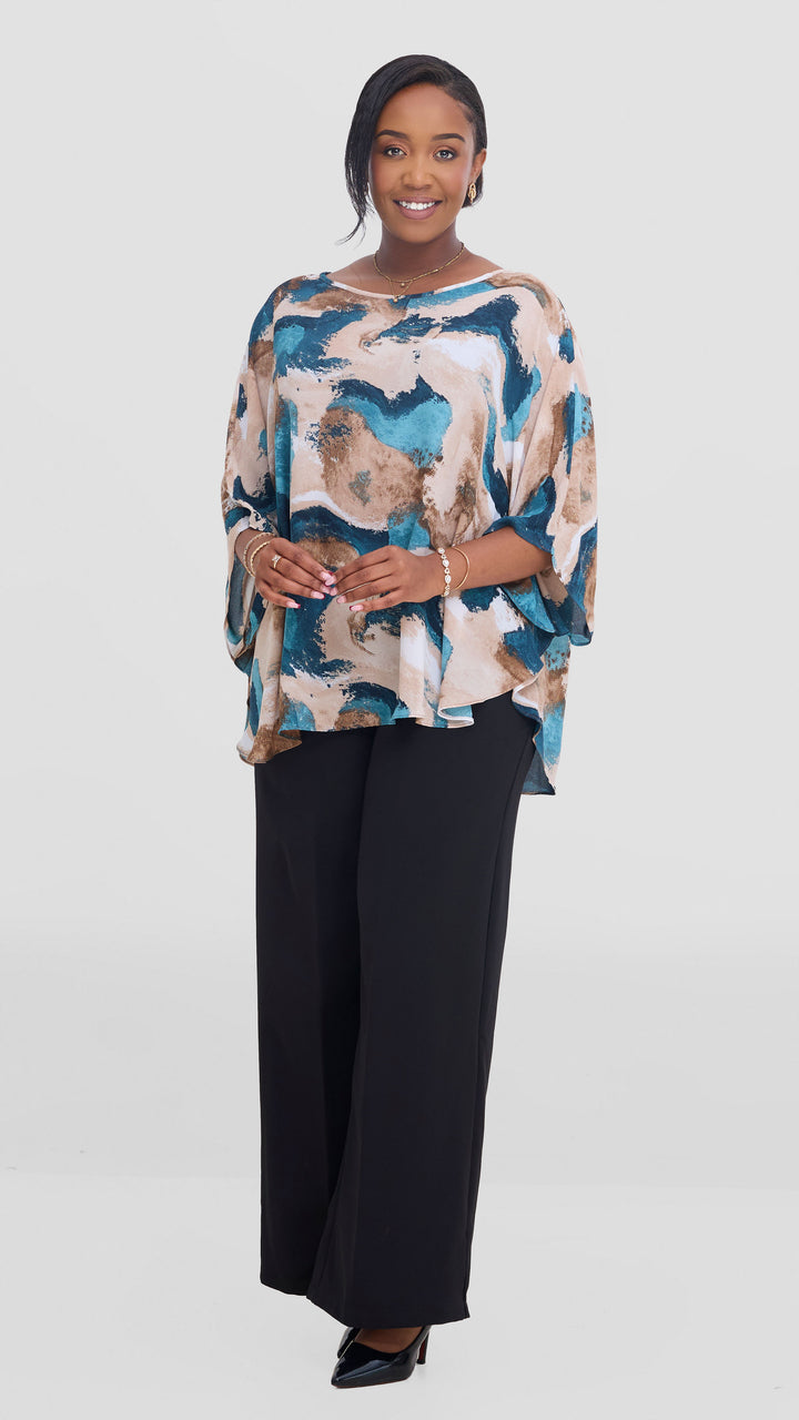 Vivo Sakari Circular Loose Top in Chiffon - Tan / Navy Textured Print