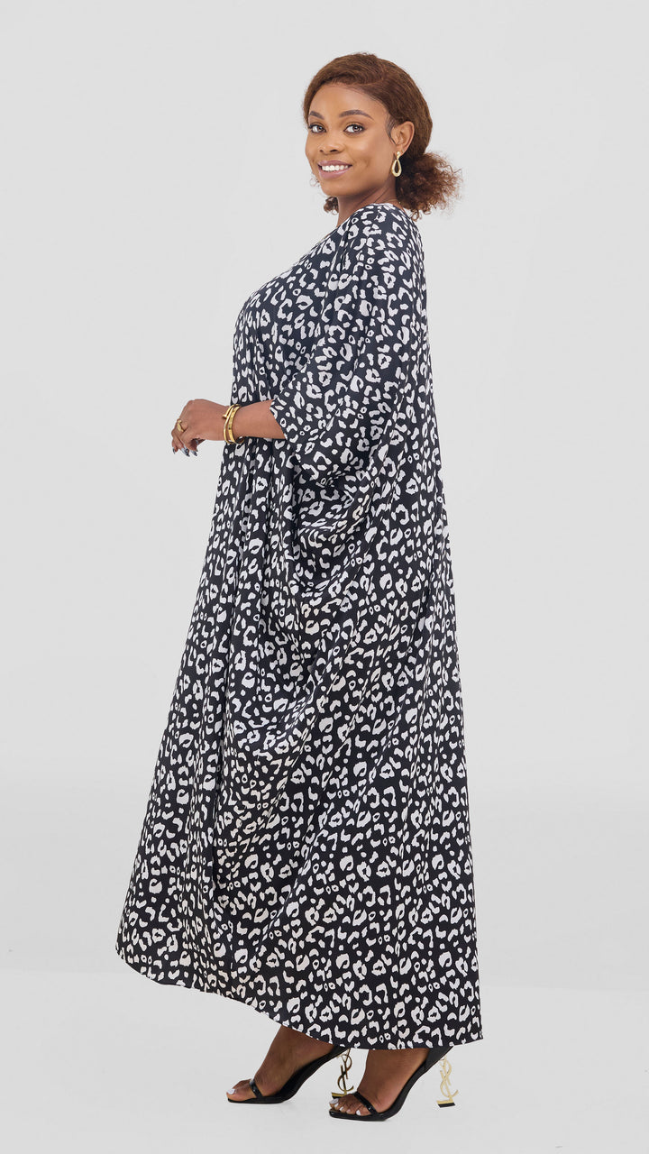 Vivo Keza V Neck Maxi Kaftan In Satin - Black / White Print