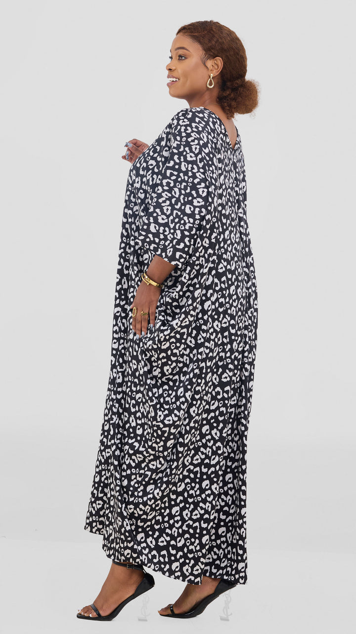 Vivo Keza V Neck Maxi Kaftan In Satin - Black / White Print