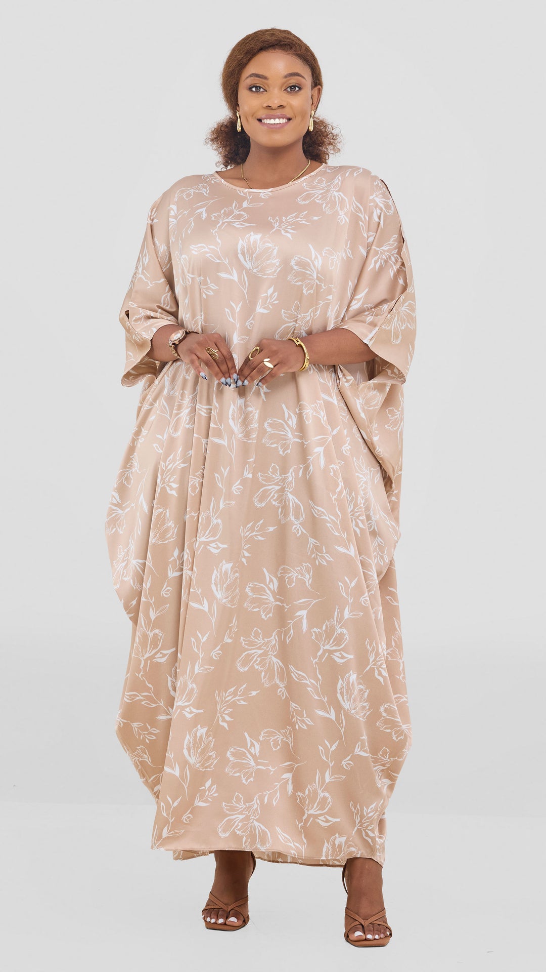 Vivo Lani Maxi Dress In Satin - Taupe / White Yali Print