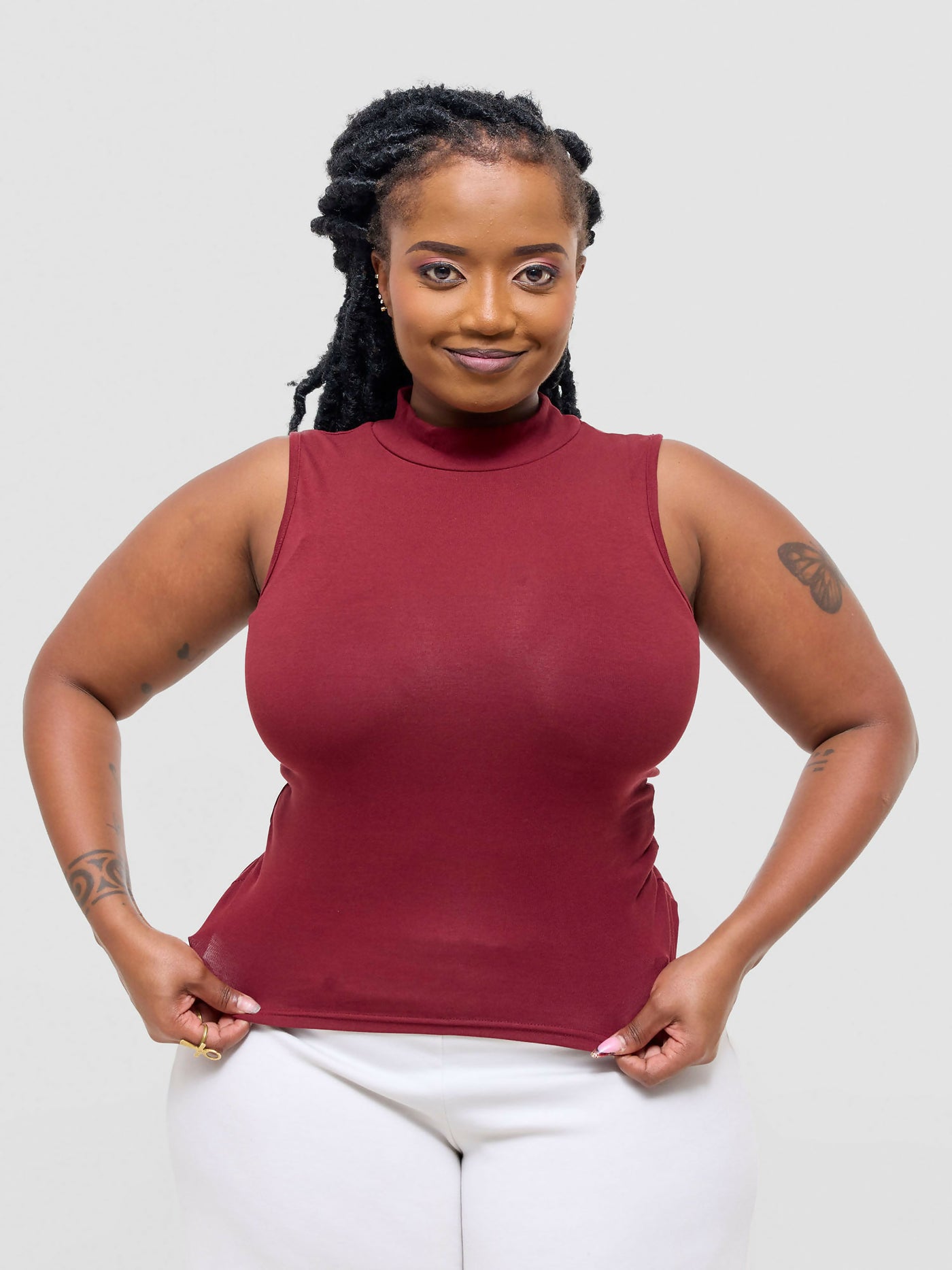 Anel's Knitwear Sleeveless Turtle Neck Top - Maroon - Shopzetu