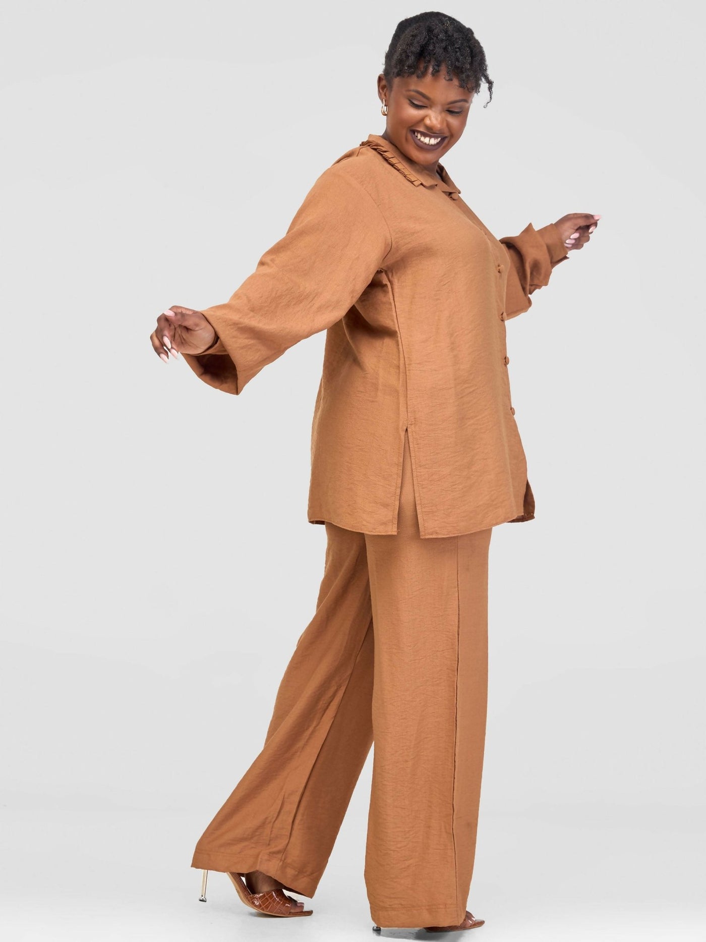 Inroses Linen Pant Set - Nude / Brown - Shopzetu