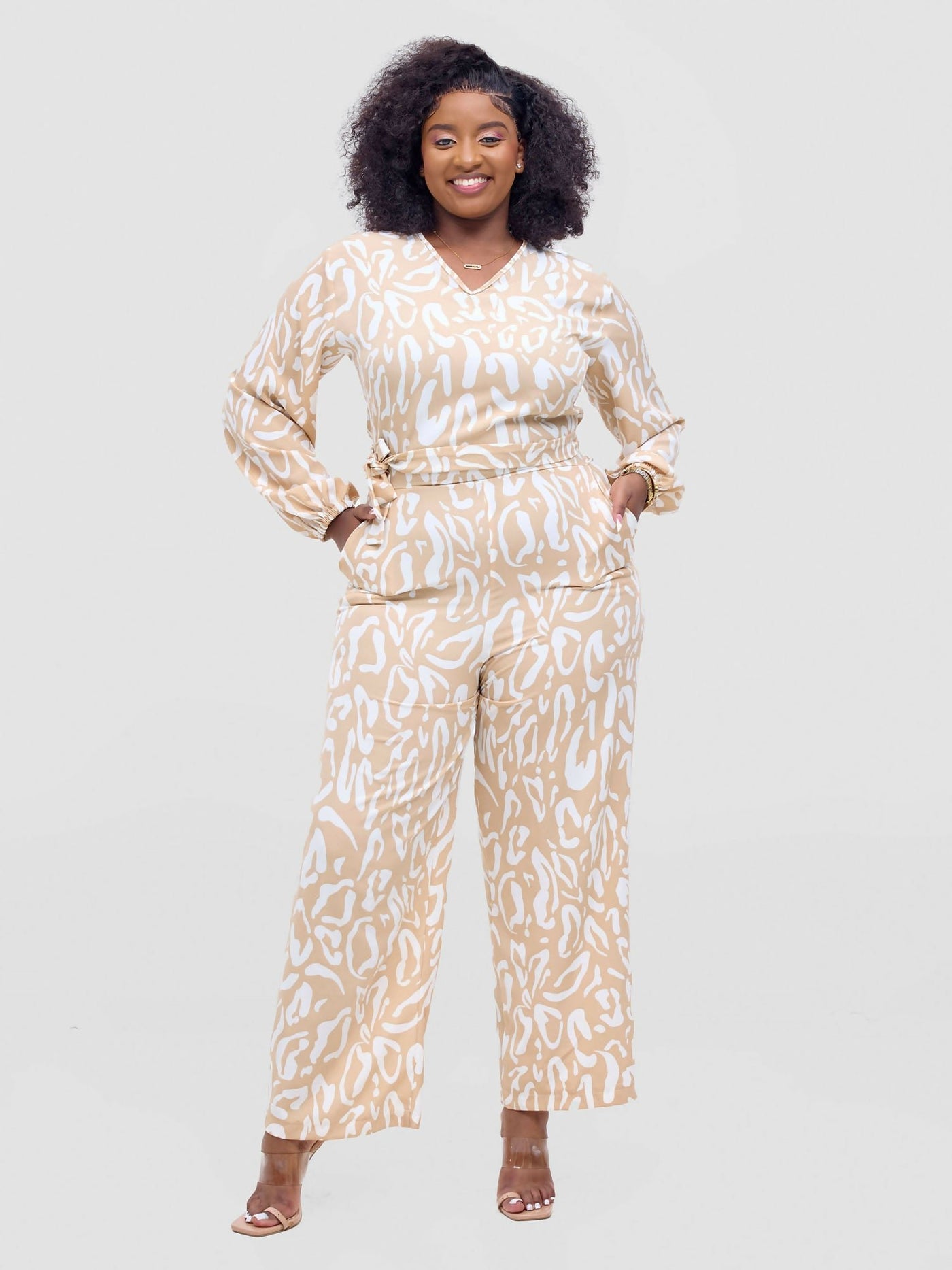 Lizola Timaya Jumpsuit - Beige / White - Shopzetu