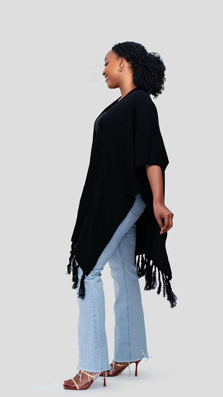The Fashion Frenzy Fringed Acrylic Shawl - Black - Shopzetu