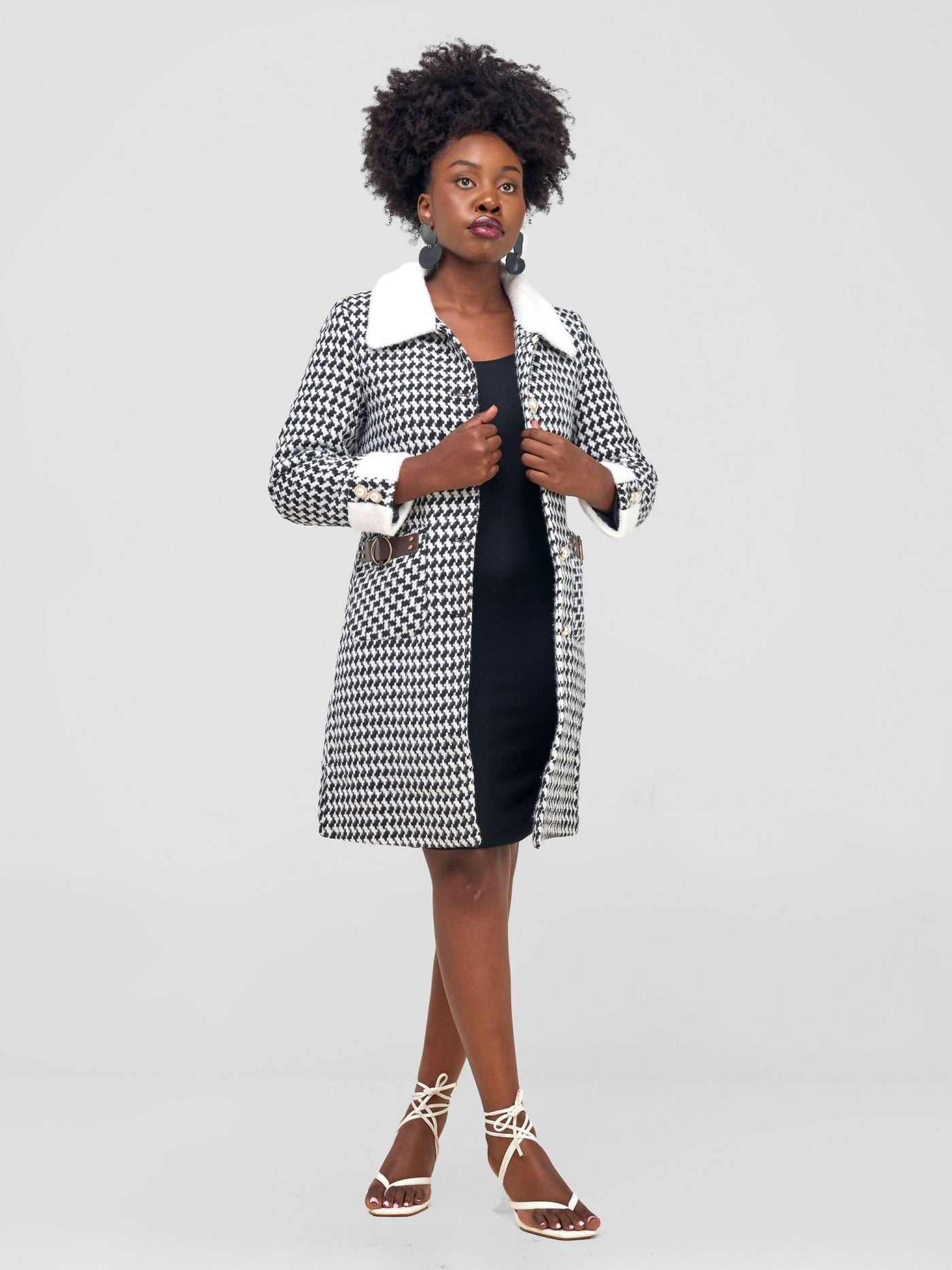 Stylish Sisters Houndstooth Trenchcoat Jacket - Black / White - Shopzetu