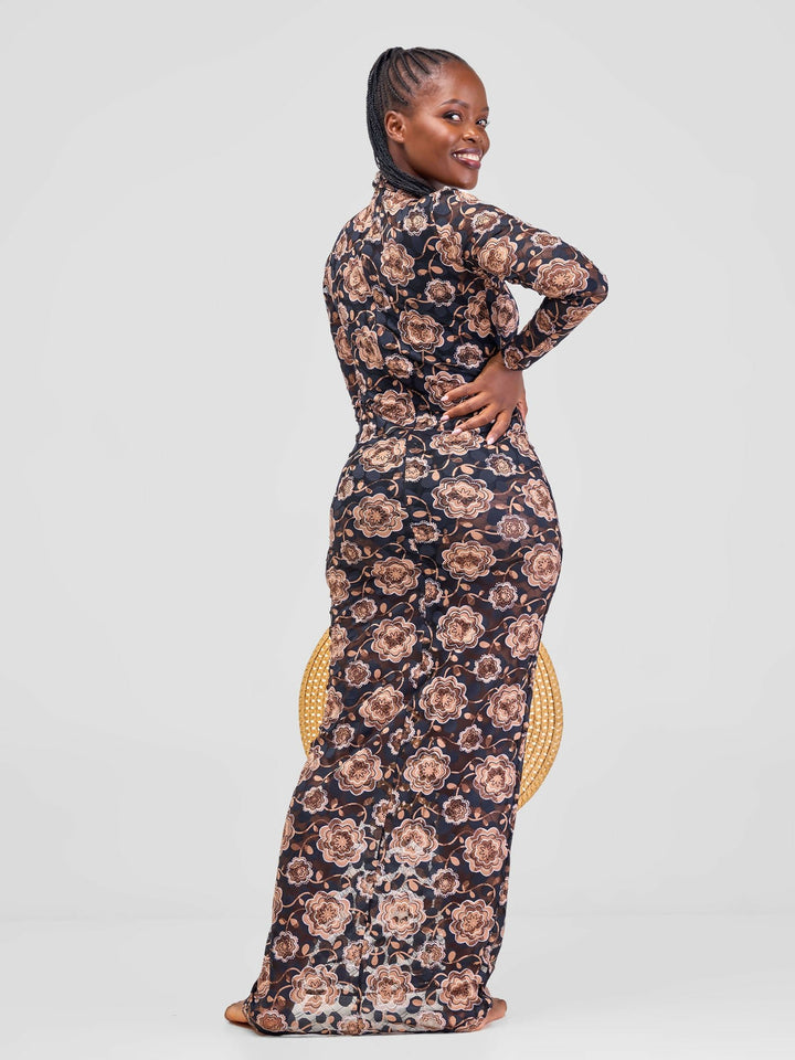 Smash By Kaly Strictly Beachly Bodycon Coverup - Black / Brown Floral - Shopzetu