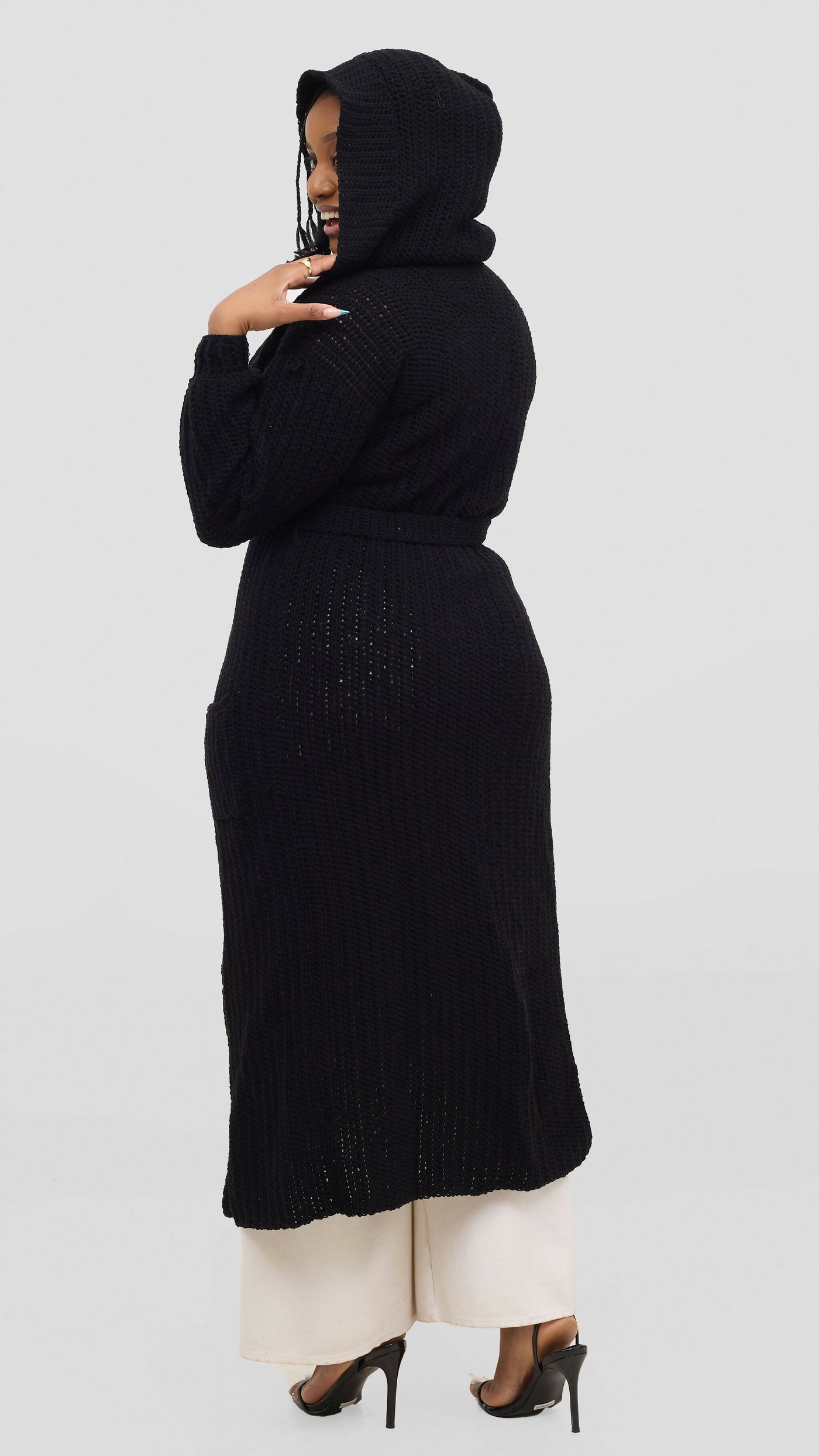 Timyt Urban Wear Curvy Plus Size Friendly Hooded Belted Cardigan Sweater â€“ Black