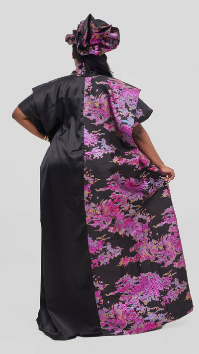 Hats And More Bold Elegance Dress & Matching Headwrap – Black / Pink Print - Shopzetu