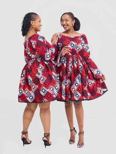 Prettygline Ankara Crimson Charm Off - Shoulder Skater Dress - Red - Shopzetu