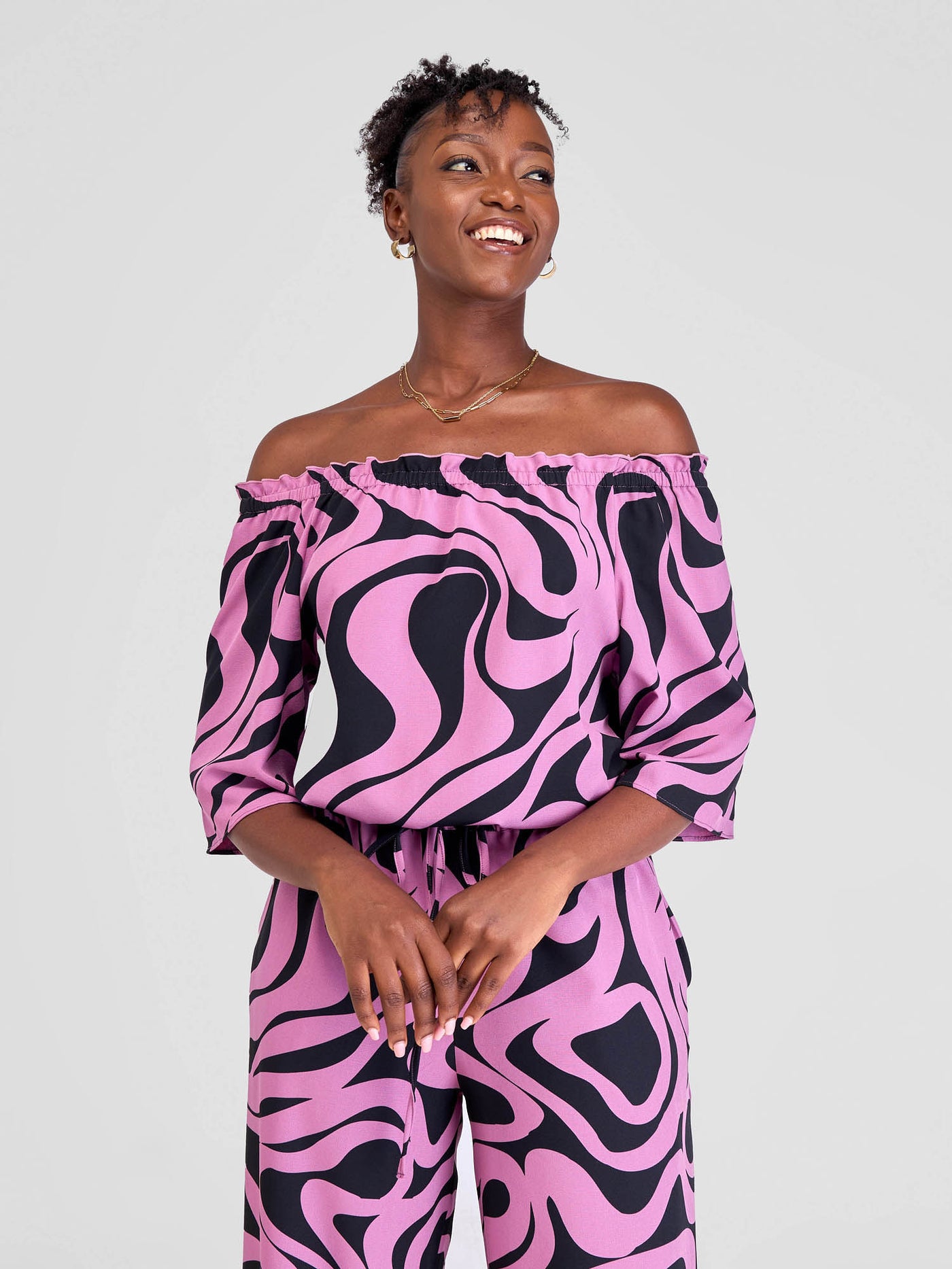 Vivo Situ Off Shoulder Top - Black / Purple Tiri Print