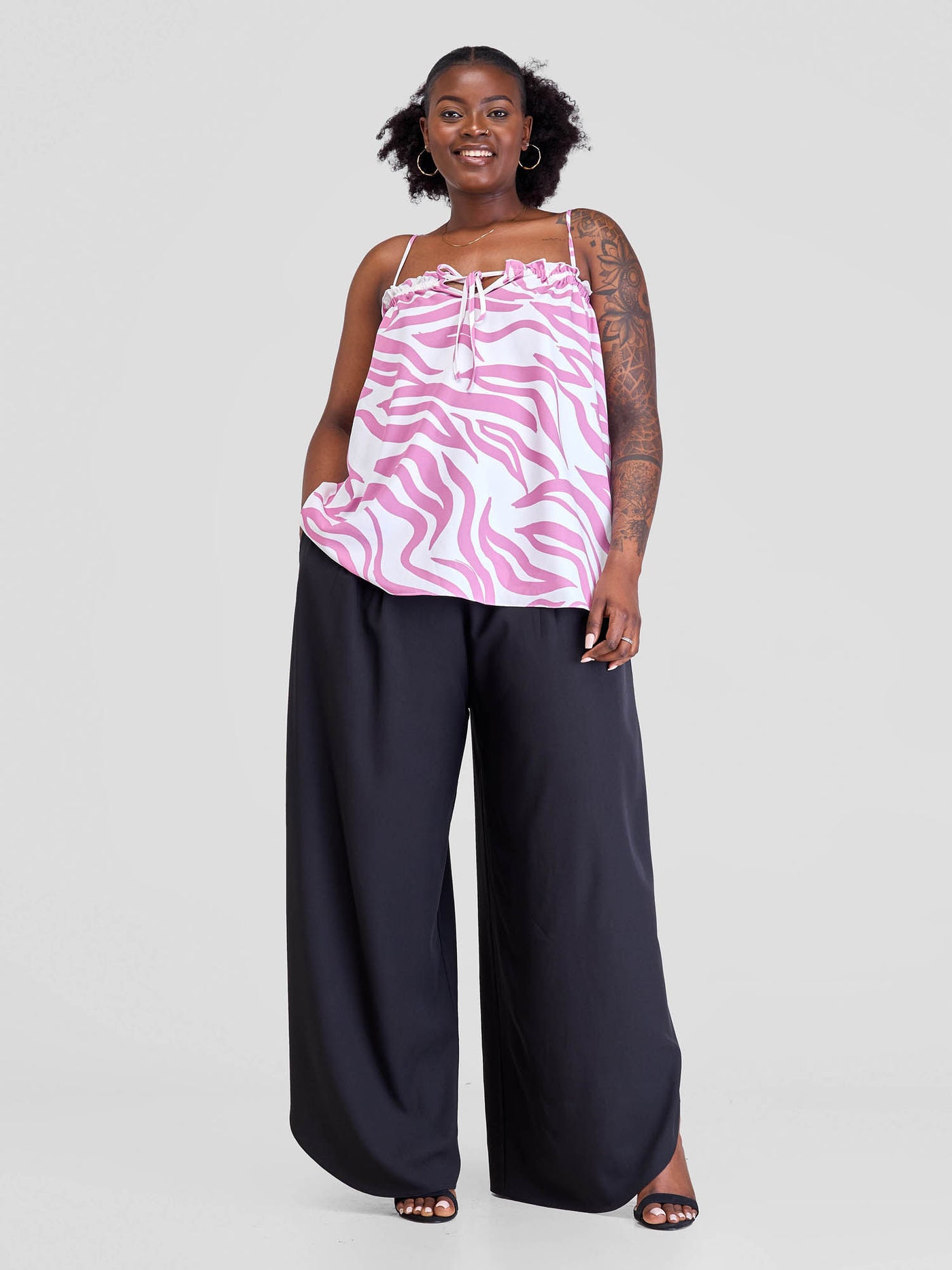 vivo Situ Ruffle Neck Top - White/Purple Tiri Print - Shopzetu