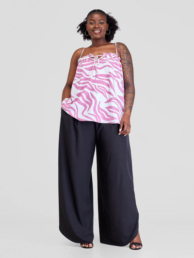 vivo Situ Ruffle Neck Top - White/Purple Tiri Print - Shopzetu