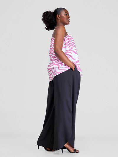 Vivo Situ Ruffle Neck Top - White/Purple Tiri Print