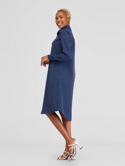 Vivo Yumi Long Sleeve Shirt Dress - Light Navy Print - Shopzetu