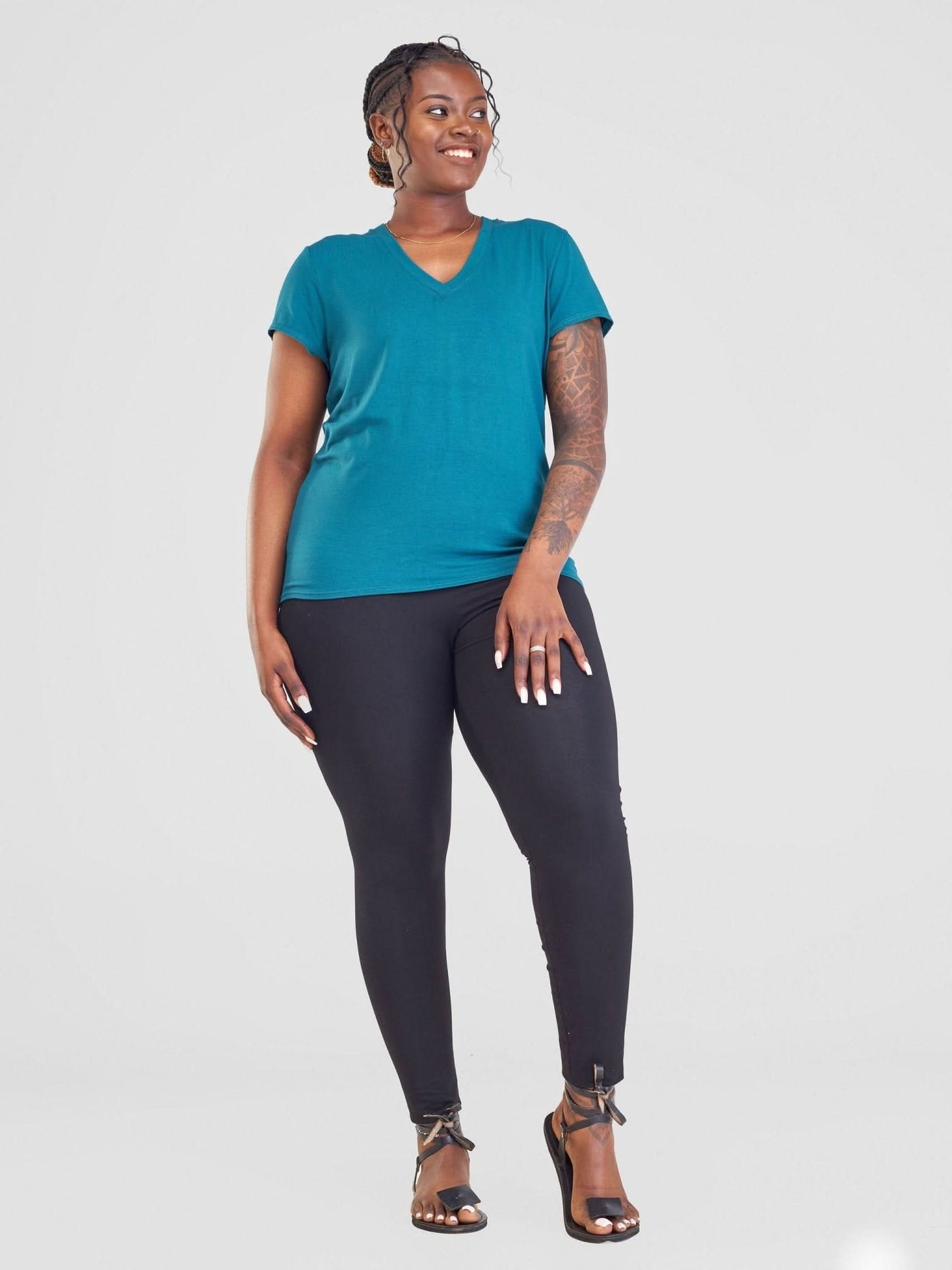 Vivo Basic V-neck Cap Sleeve Top - Teal - Shopzetu