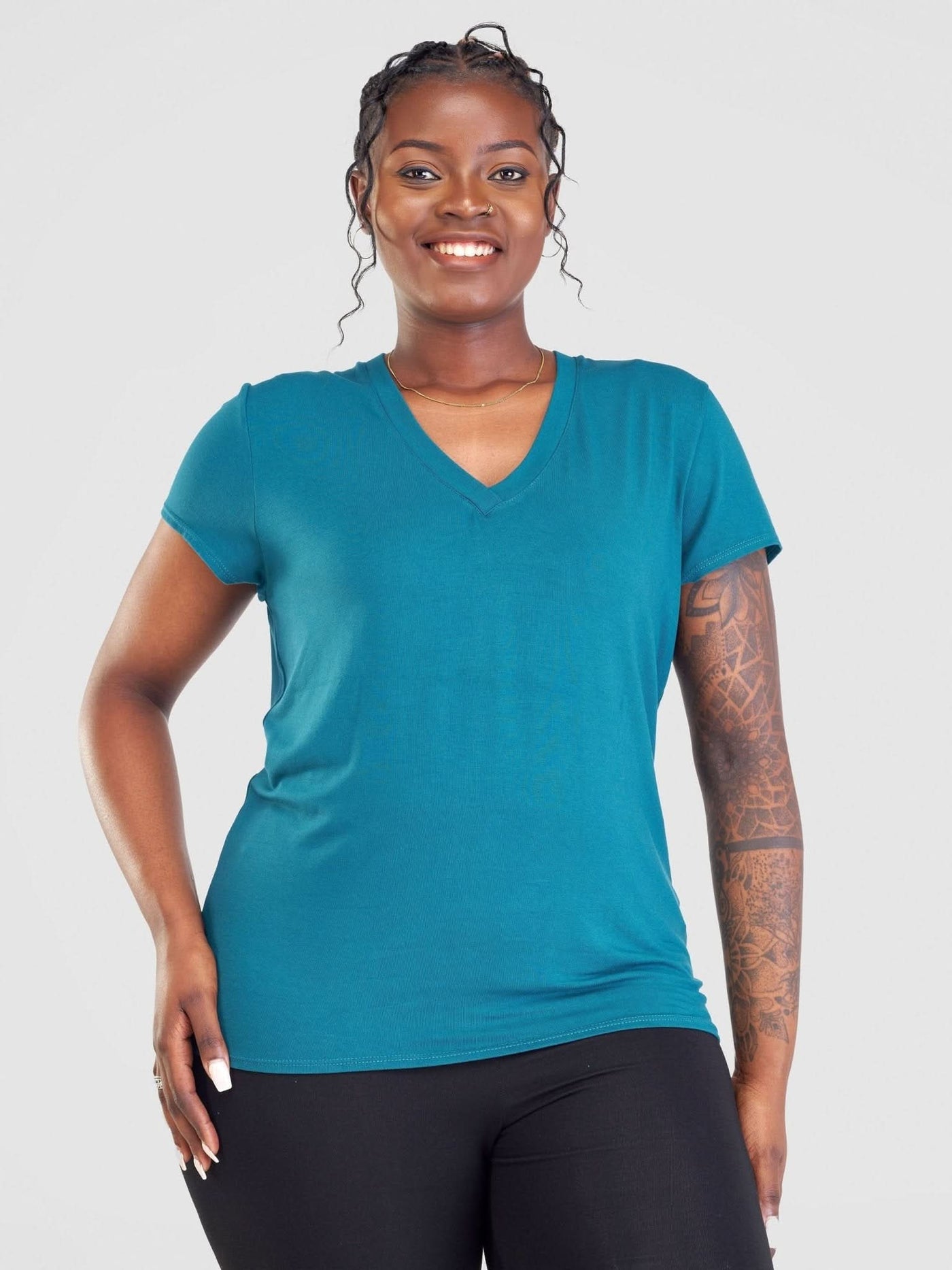 Vivo Basic V-neck Cap Sleeve Top - Teal - Shopzetu