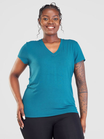 Vivo Basic V-neck Cap Sleeve Top - Teal - Shopzetu
