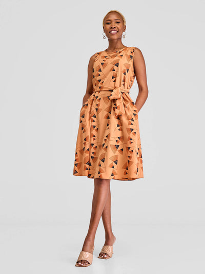 Vivo Basic Sleeveless Tent Dress - Tan/Black Print