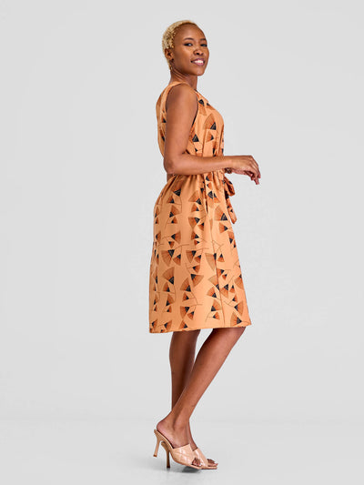 Vivo Basic Sleeveless Tent Dress - Tan/Black Print