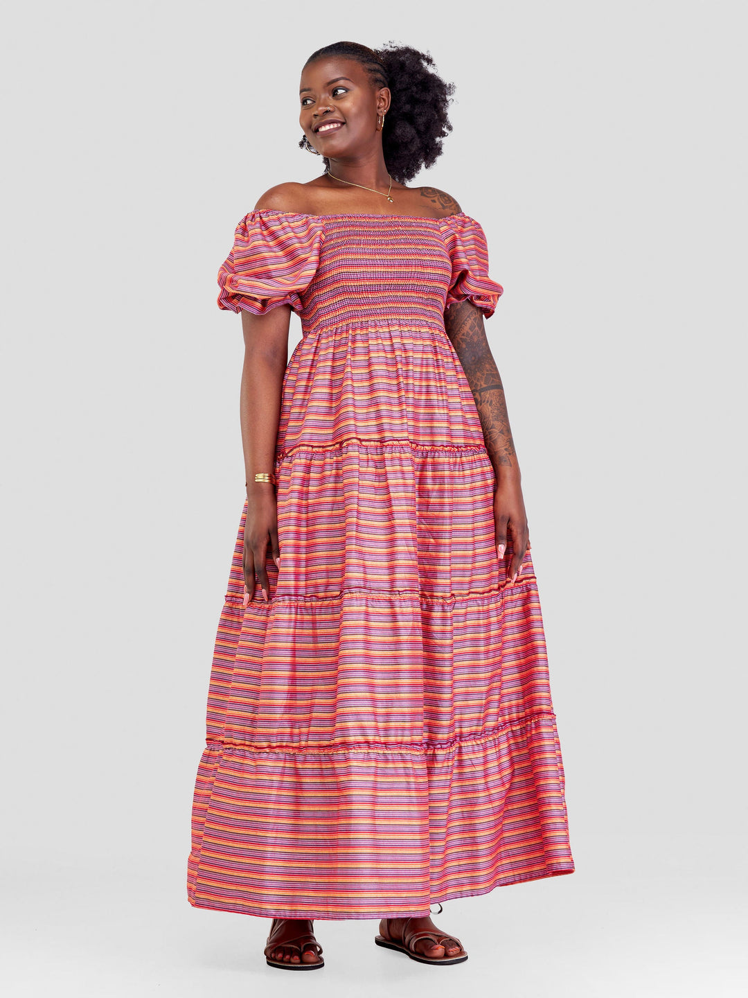 Safari Kikoy Shirred Top Maxi Dress - Red Print