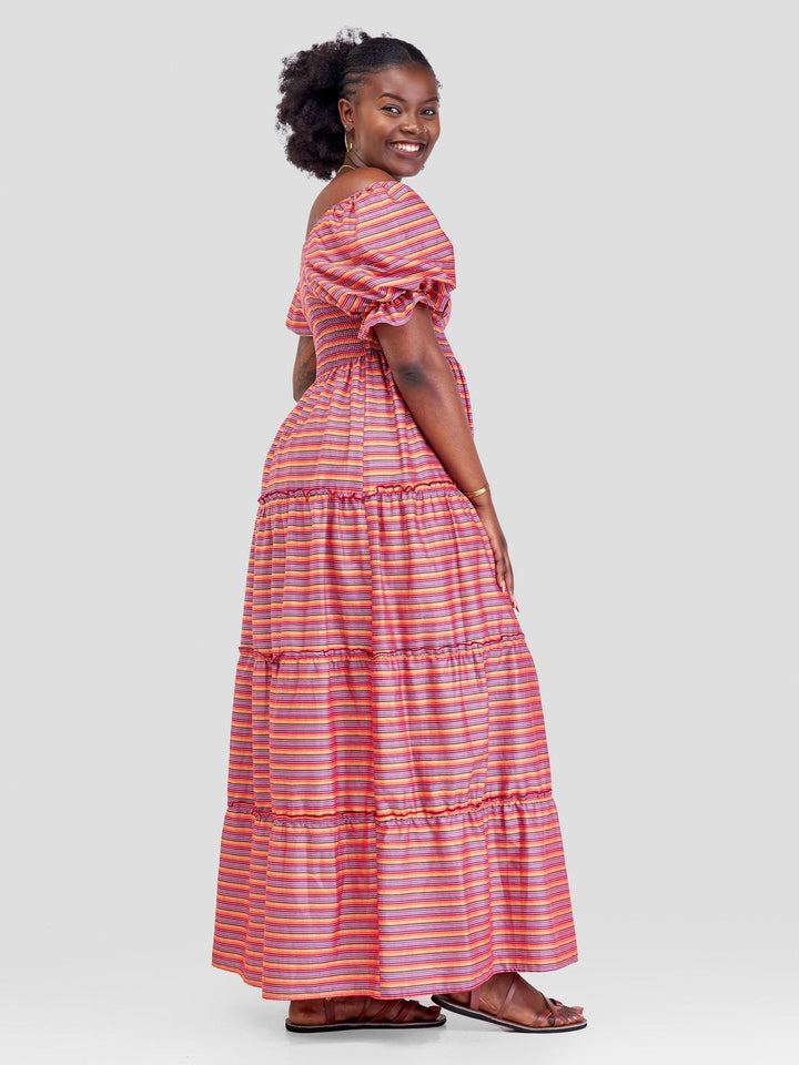 Safari Kikoy Shirred Top Maxi Dress - Red Print