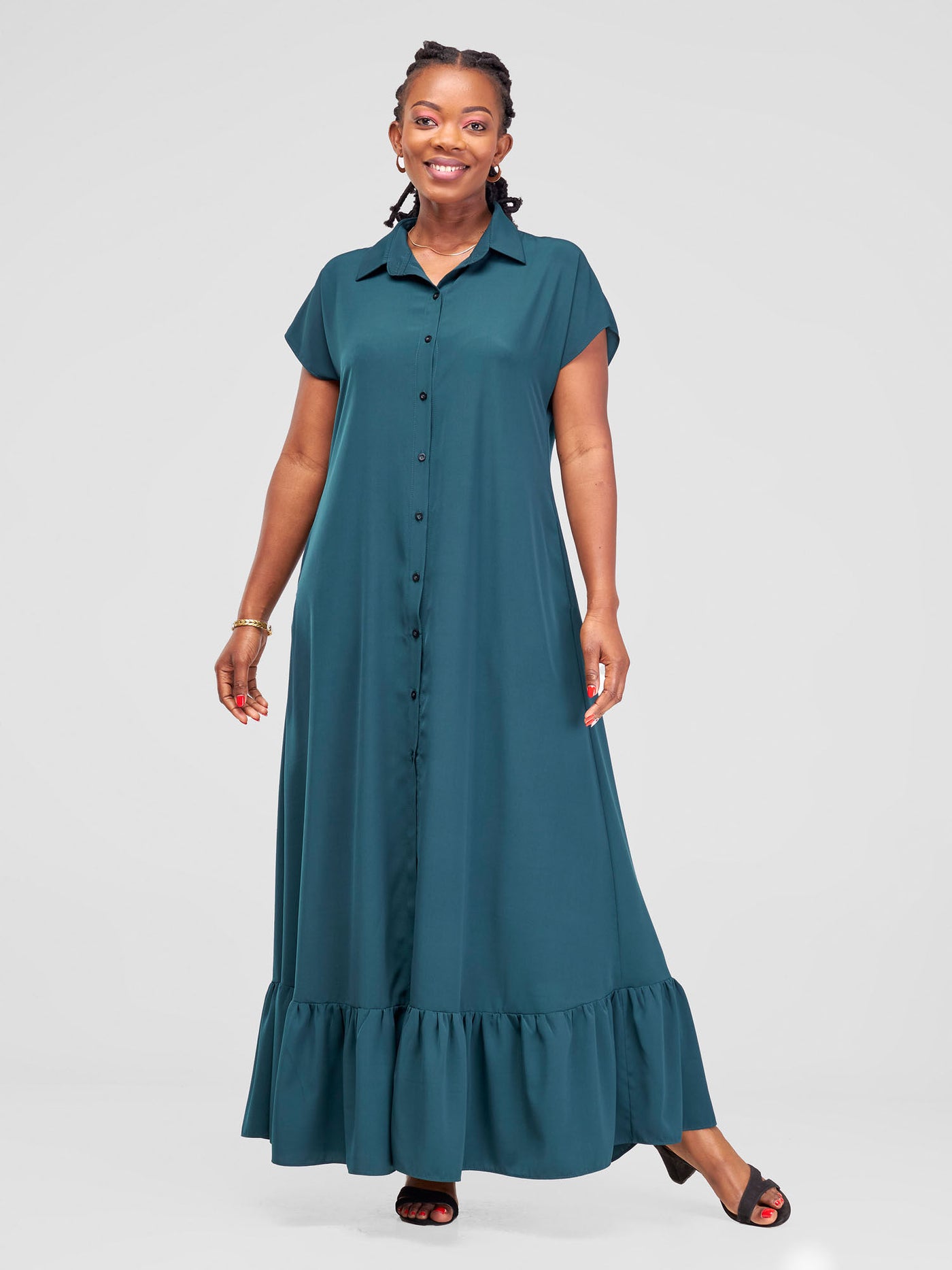 Vivo Asha Drop Shoulder Maxi Shirt Dress - Dark Green