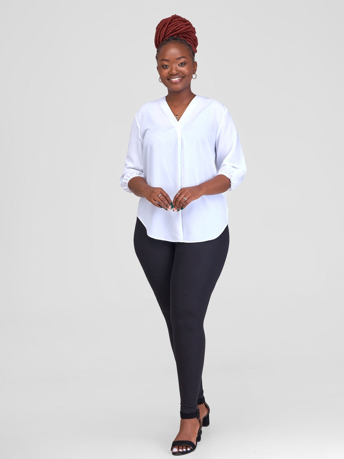 Vivo Dua 3/4 Sleeved V Neck Shirt - White - Shopzetu