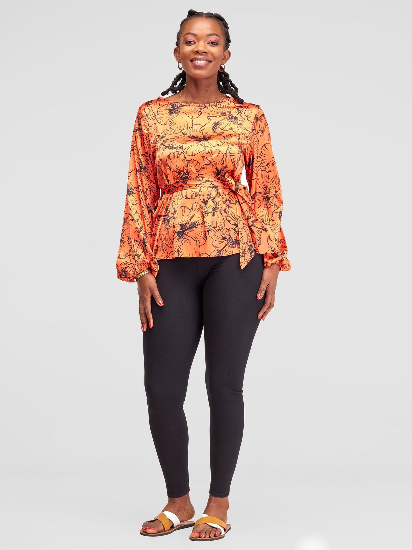 Vivo Basic Satin Bishop Sleeved Top - Orange Hibi Print
