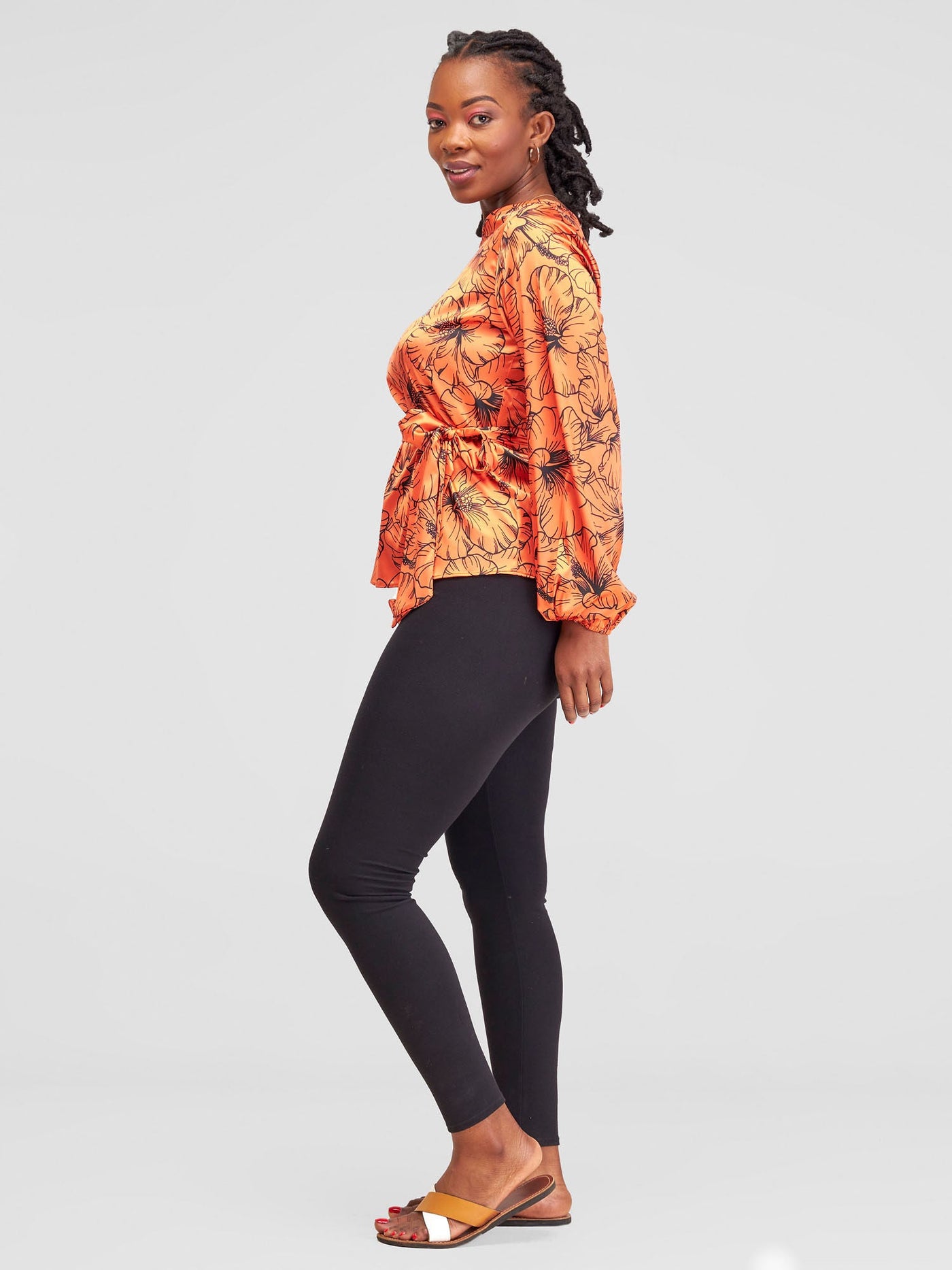 Vivo Basic Satin Bishop Sleeved Top - Orange Hibi Print - Shopzetu