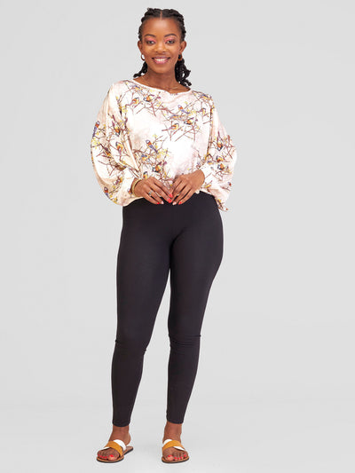 Vivo Sawari Crossed Cuff Batwing Top - Cream Bird Print