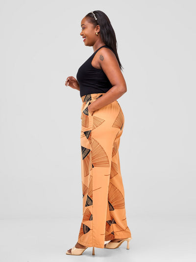 Vivo Mira Straight Leg Pants - Tan / Black Fan Print - Shopzetu