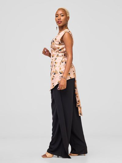 Vivo Mira Reversible Wrap Top - Peach / Brown Fan Print - Shopzetu