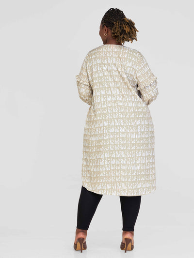 Vivo Ziwa Long Sleeve Ruffle Midi Kimono - Taupe / Off White Mtende Abstract Print - Shopzetu