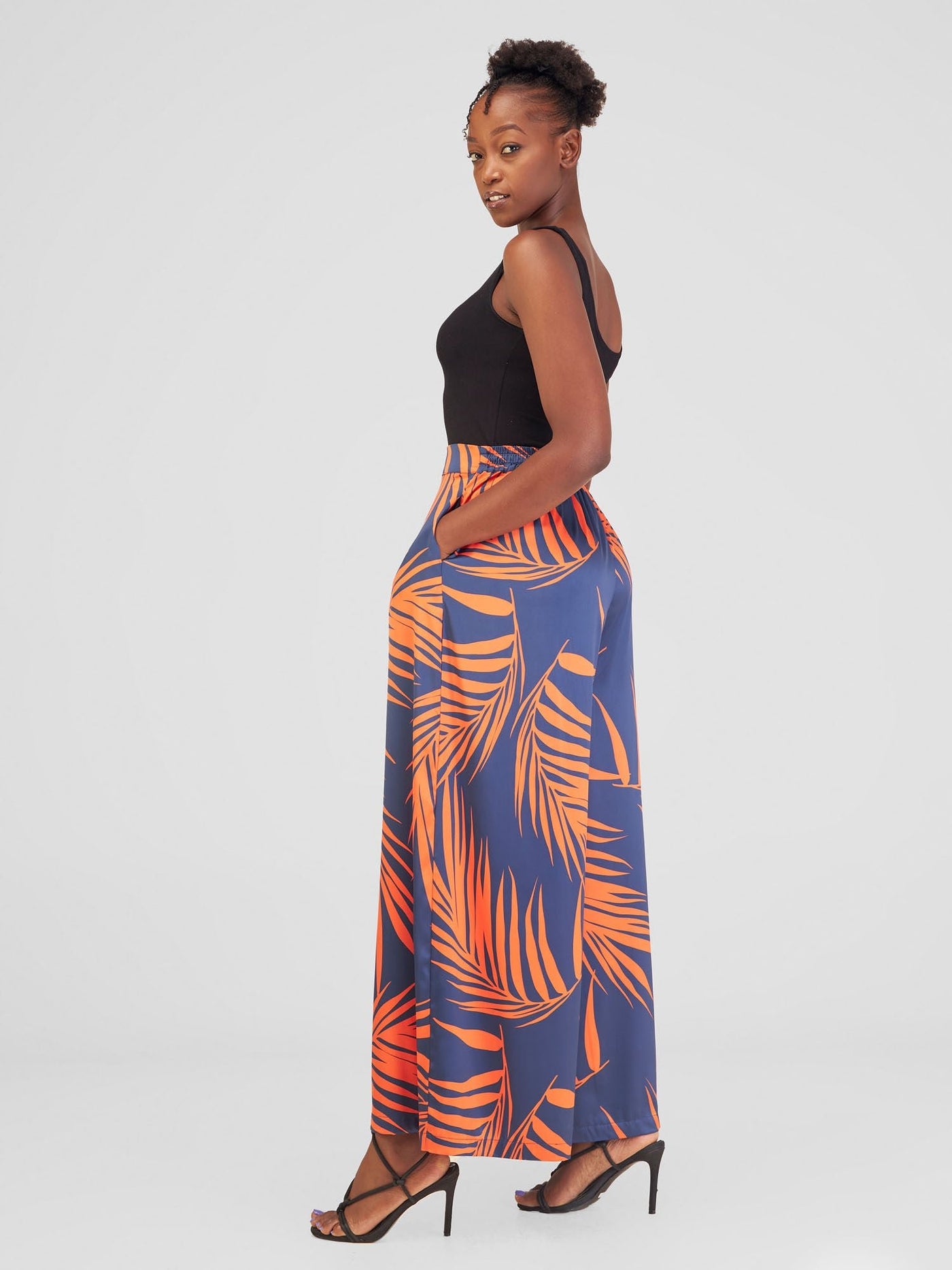 Vivo Alika High Waist Pants - Navy Blue / Orange Siri Print - Shopzetu