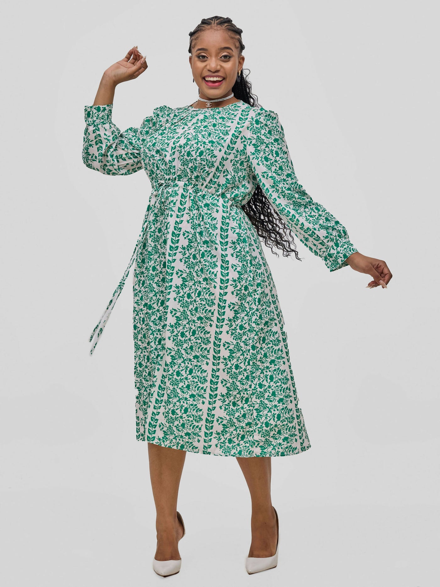 Hessed Long Sleeved Floral Print Round Neck Dress - Green