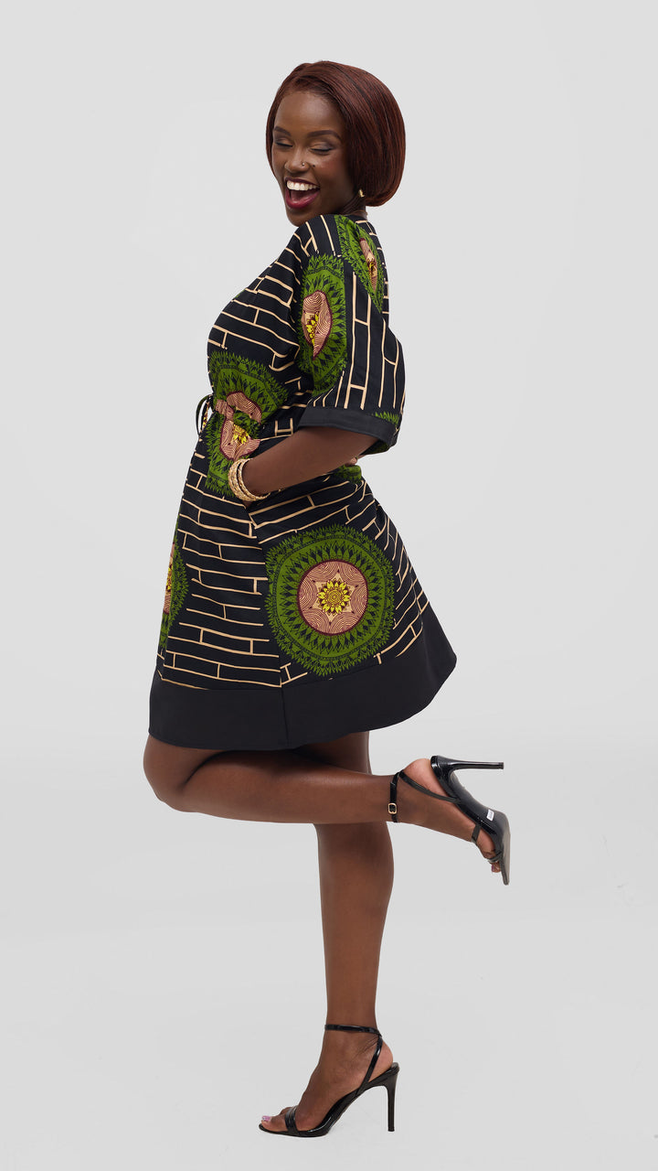 Ankara Shift Dress - Black / Green