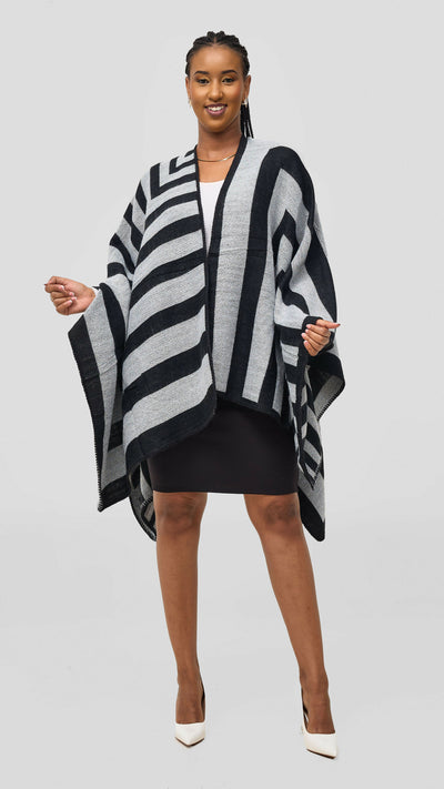 Afrodame Light Stripped Poncho - Black / White