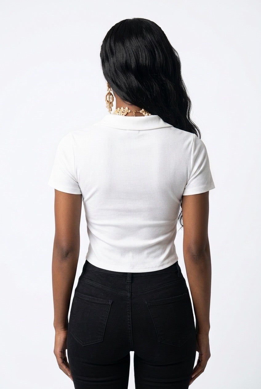 Stylish Sisters Corset-Style Curved Hem Polo Top - White