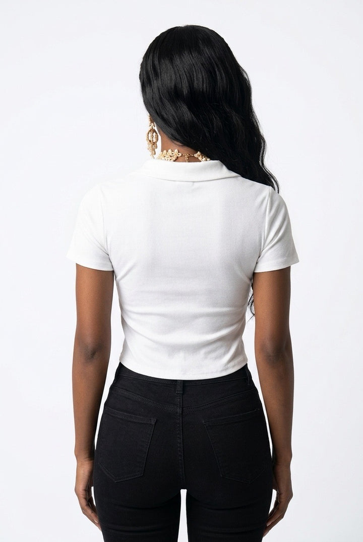 Stylish Sisters Corset-Style Curved Hem Polo Top - White